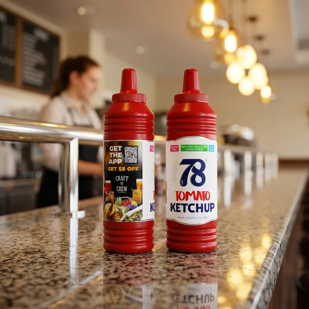 Co-branded bottle sitting on a candlelit restaurant table