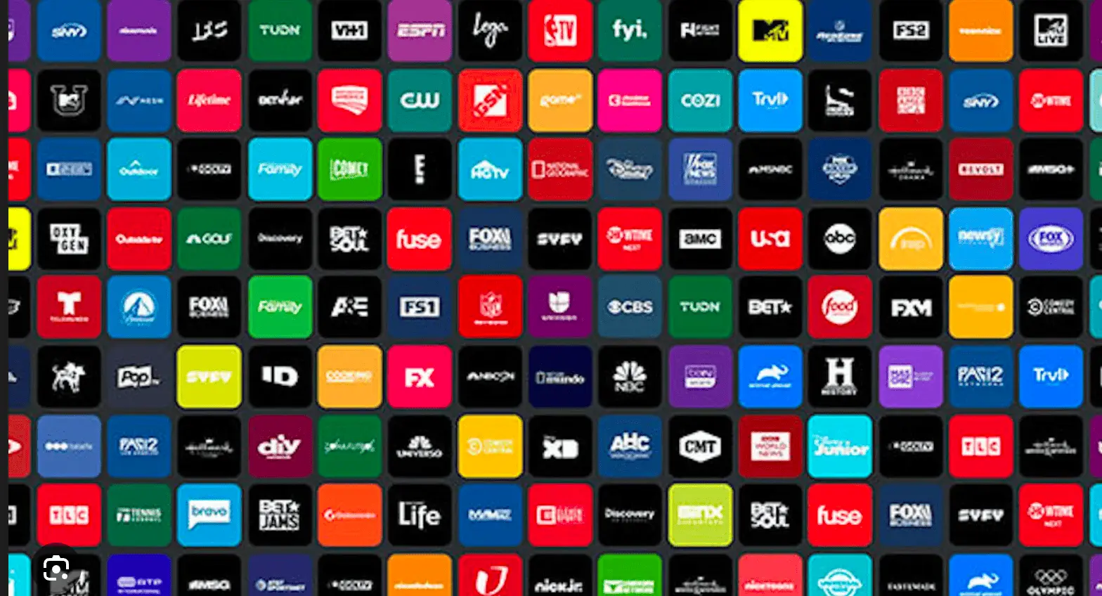 Grid of streaming platforms including Netflix, Hulu, HBO Max, Disney+, Paramount+, Roku Channel, Pluto TV, Apple TV, Fire TV, Samsung TV Plus, and more