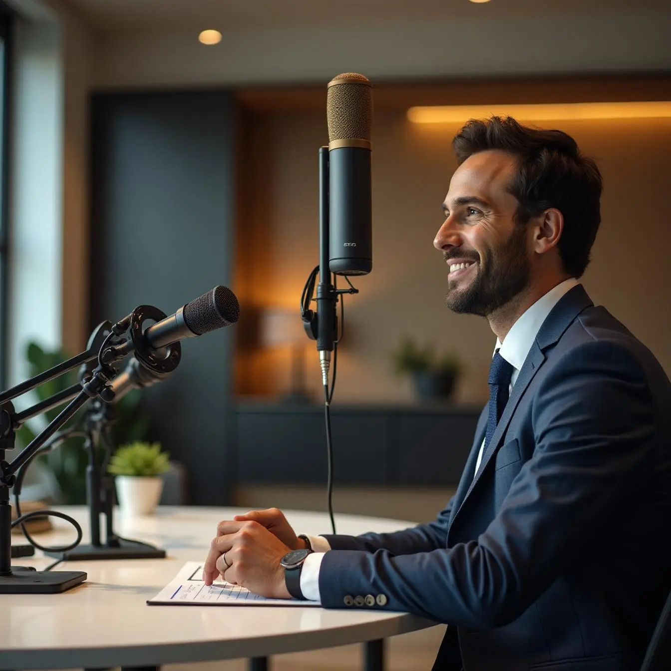 Professional financial podcast in office setting