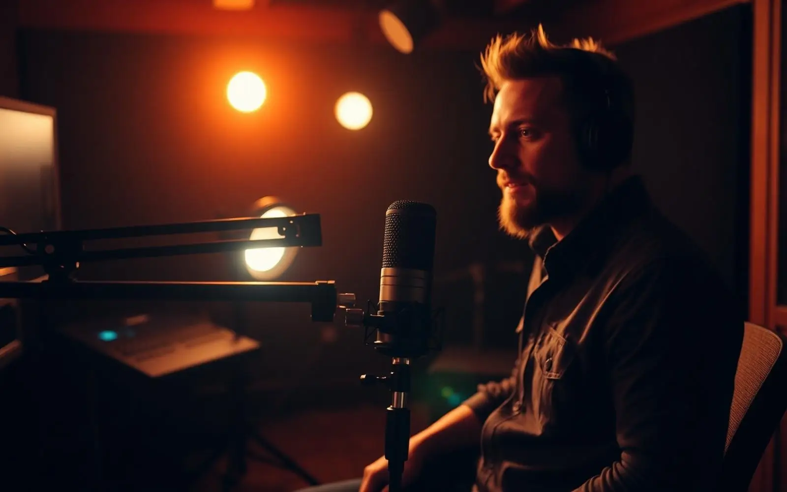 Podcast host recording in a warm-lit studio