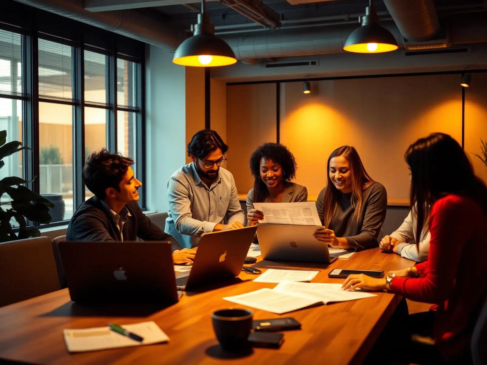 Marketing team reviewing a content plan around a conference table