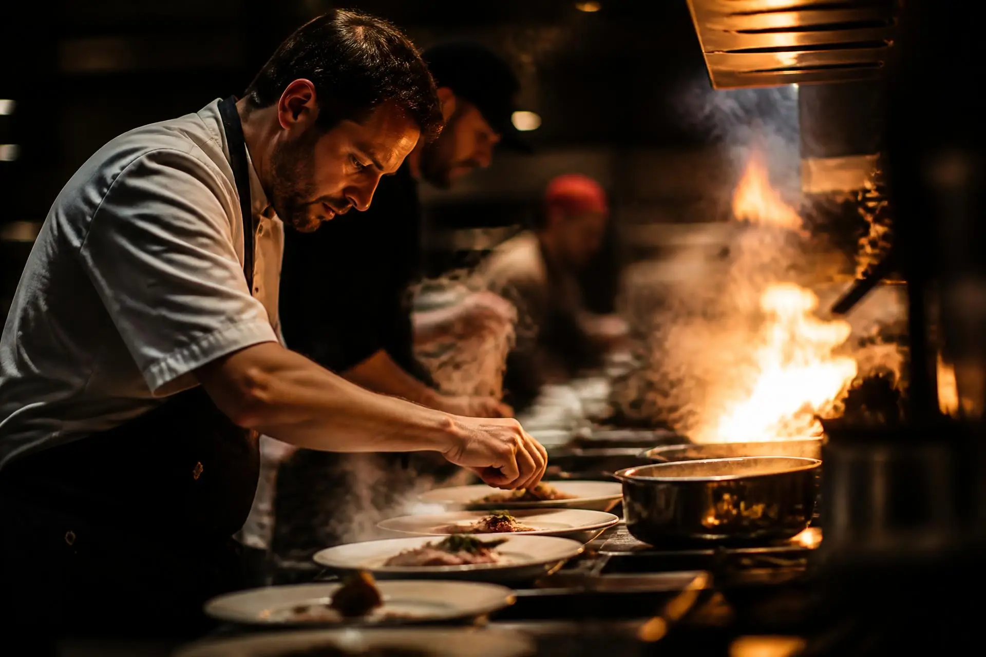 Restaurant chefs plating dishes on a busy service line, fire and steam behind the pass