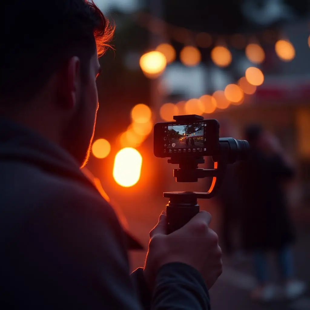 Local creator filming a branded shot with a phone on a professional gimbal