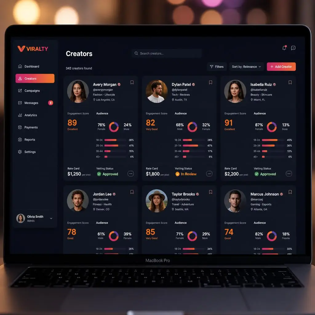 Creator vetting platform showing shortlist, engagement scores, and rate cards
