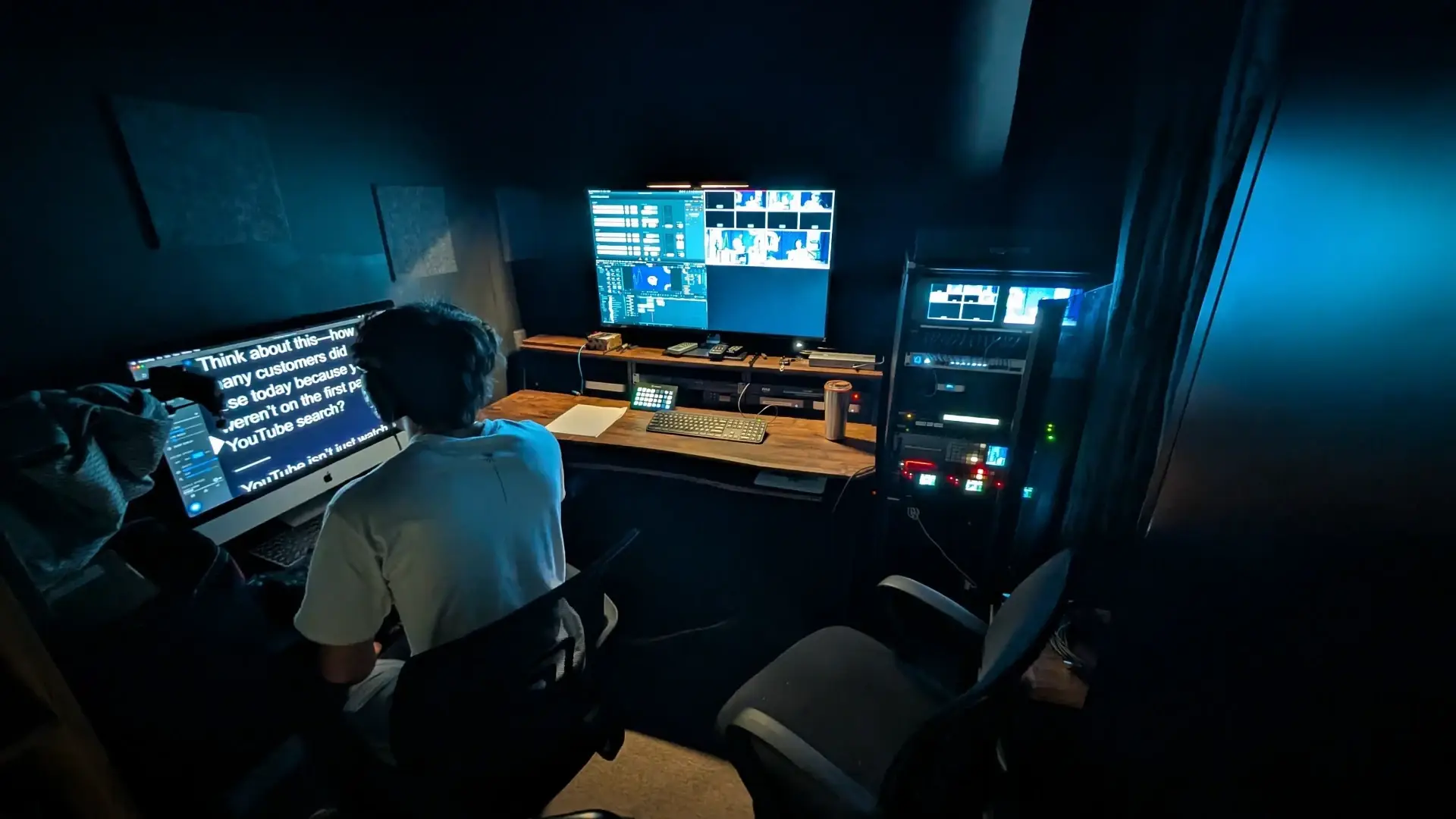 Editor reviewing video ad cutdowns in a Golden Scope Media production control room