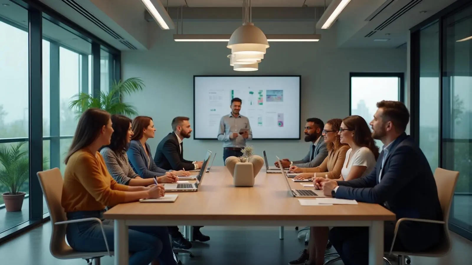 Marketing team reviewing a content plan around a conference table