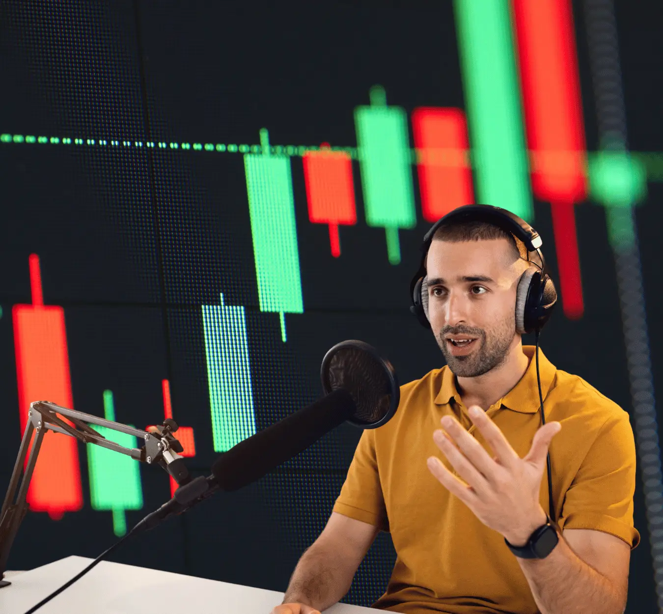 Professional podcast production control room with AI and cryptocurrency analytics